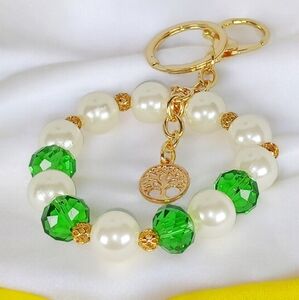 Beaded Bag Charm Chunky Emeralds & Pearls with Tree of Life Charm Key Charm Y2K